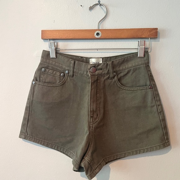 Zulu & Zephyr 100% Cotton Denim Shorts High Waist Olive - Picture 2 of 8